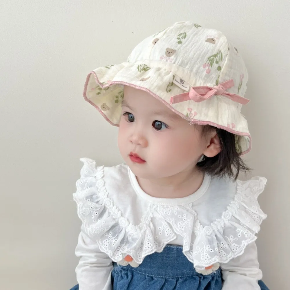 

Vintage Bow Ruffle Princess Hat Sunscreen Breathable Bucket Hat Soft Cotton Panama Cap Kids