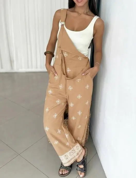 Jumpsuit Women 2026 Spring Vintage Embroidered Tribal Pattern Adjustable Straps Elastic Back Waist Casual Suspender Jumpsuit