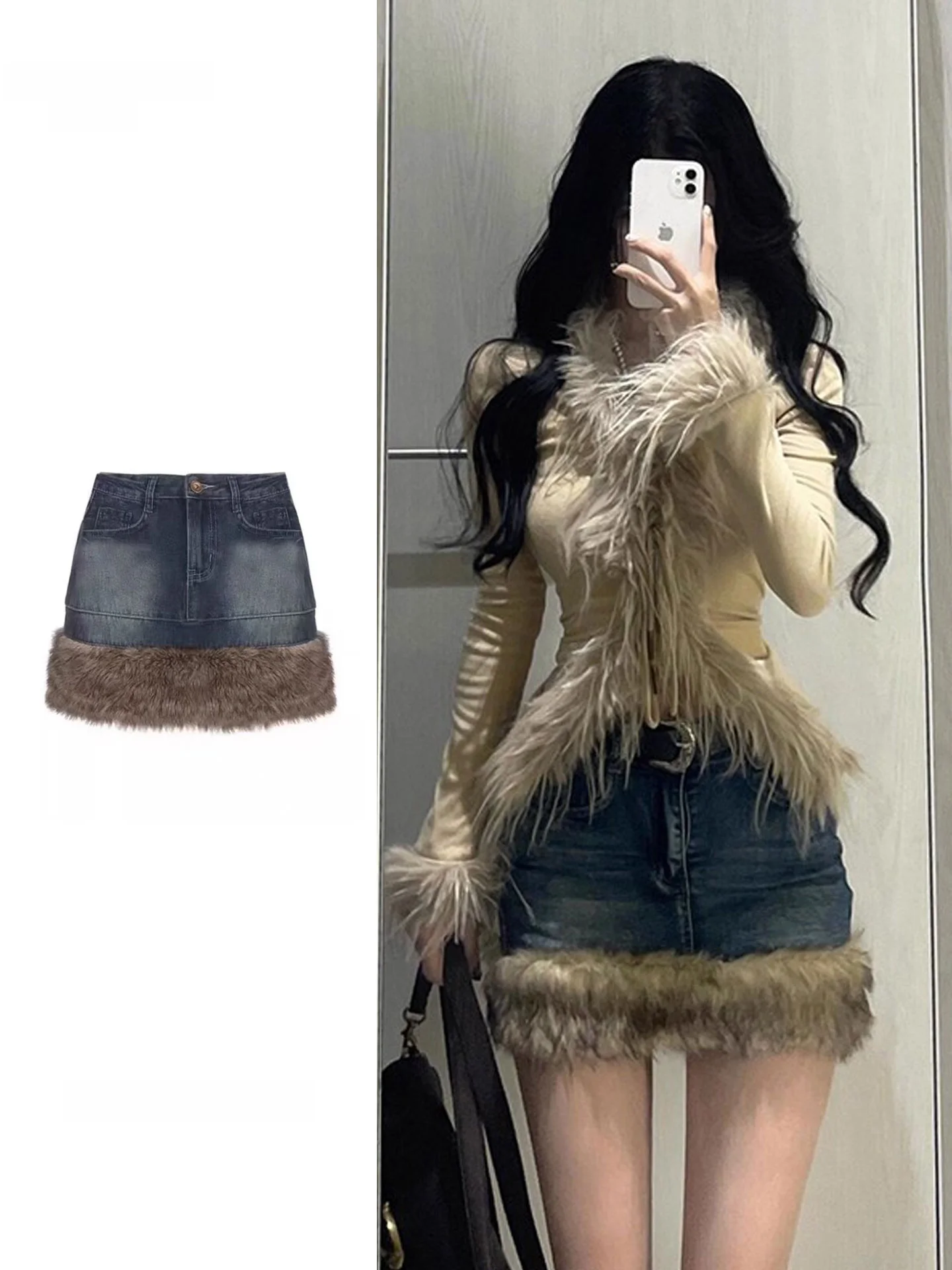 Retro Large Size Washed Patchwork  Skirt Women's Autumn Winter Spicy Girl Bodycon Denim Short Skirt Plush Top Two Piece Set