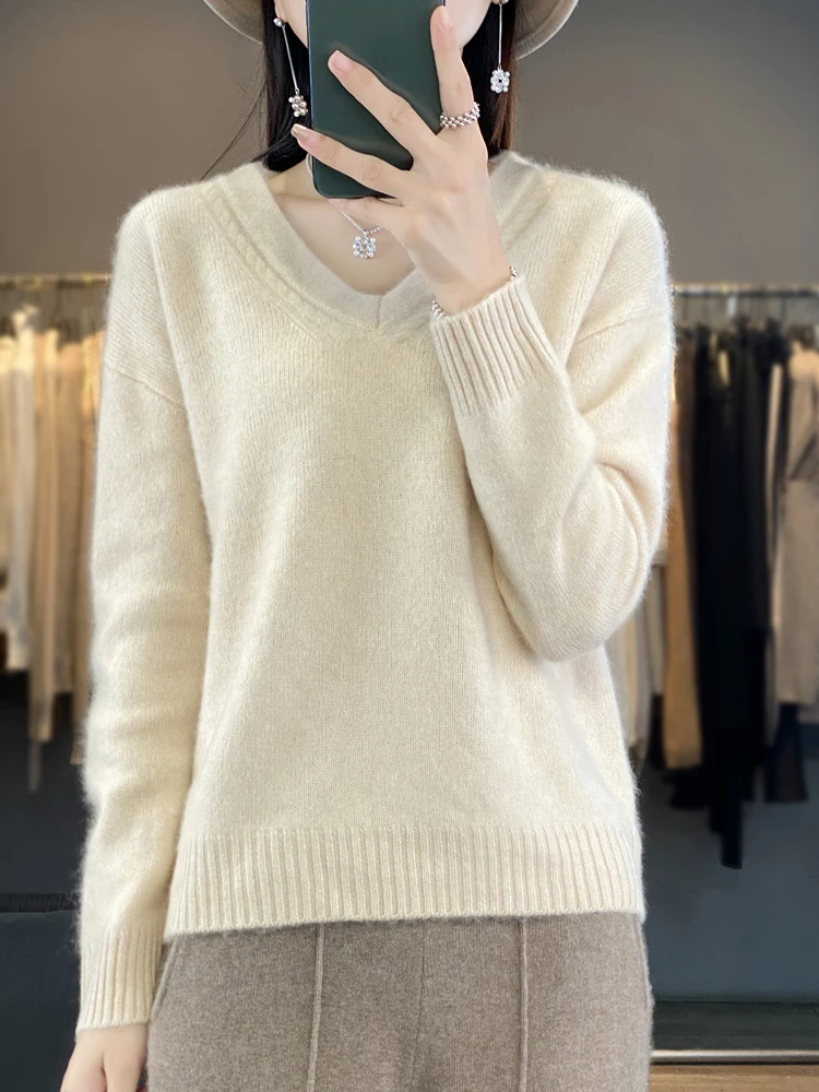 Basics Autumn Winter Women Sweater 100% Merino Wool V-Neck Knitwear Solid Casual Pullover Long Sleeve Soft Cashmere Clothes Tops