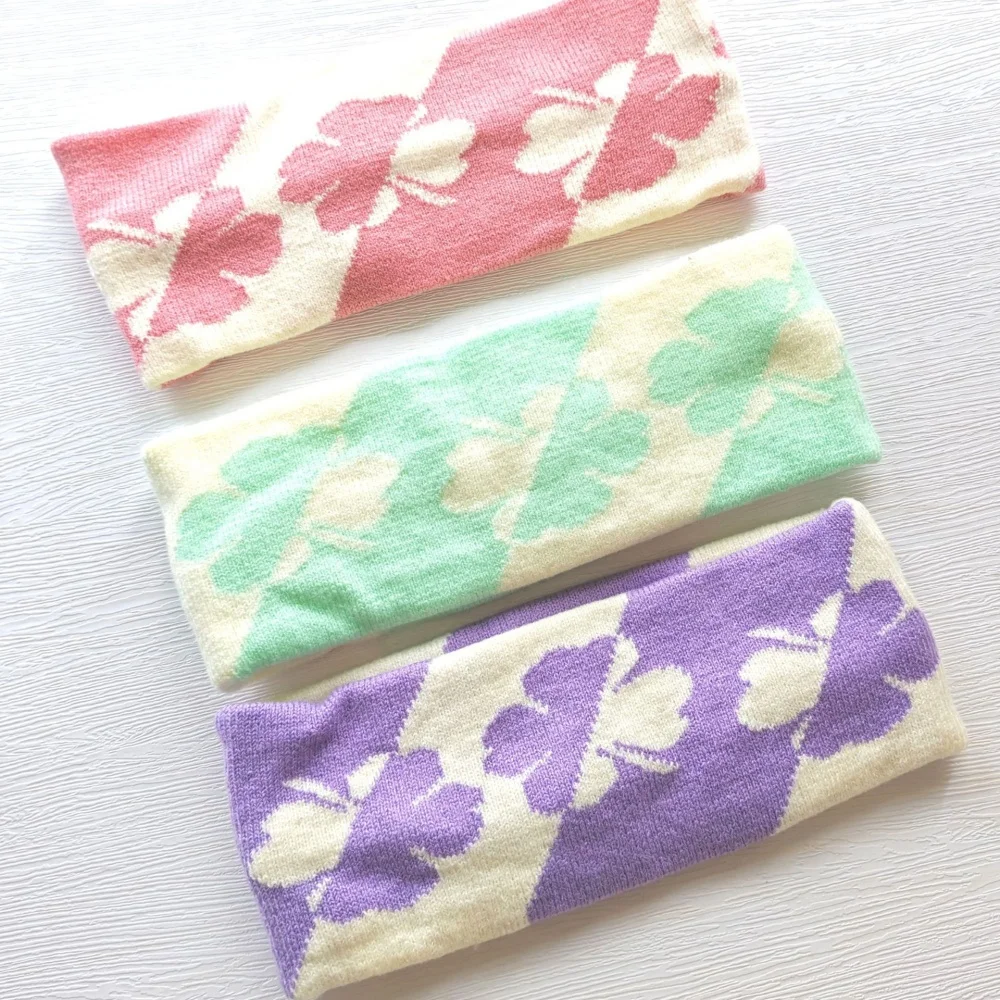 Retro Knitted Clover Headband Soft Elastic Wide Hair Band Women Sports Yoga Sweatband Daily Makeup Face Wash Hair Accessory