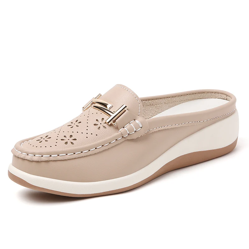 Women's Mules Shoes Hollow‑Cut Slip‑On Backless Loafers Comfort Walking Shoes Metal Decoration Casual Slide Sandals for Ladies