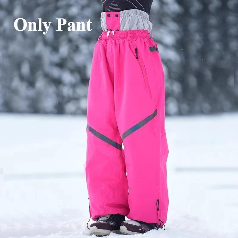 Unisex Ski Snow Pants Men Women Waterproof Windproof Loose High Waist Reflective Stripe Snowboard Winter Outdoor Skiing Gear