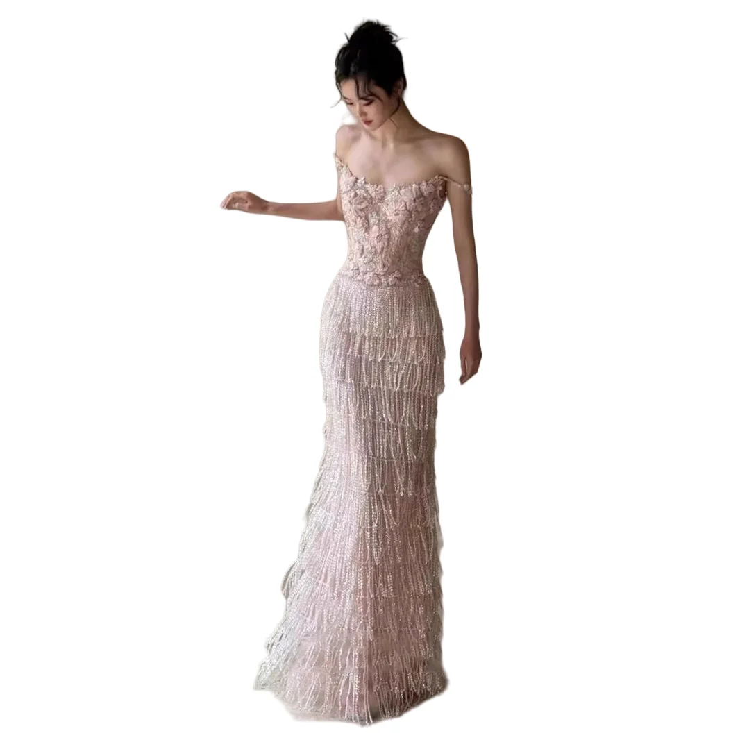 LUCYSHIHATTU Woman fall Pink Charming Maxi Spaghetti Strap Mesh Sequin Dress manual Floral Pearl Beads Tiered Fringe Dress
