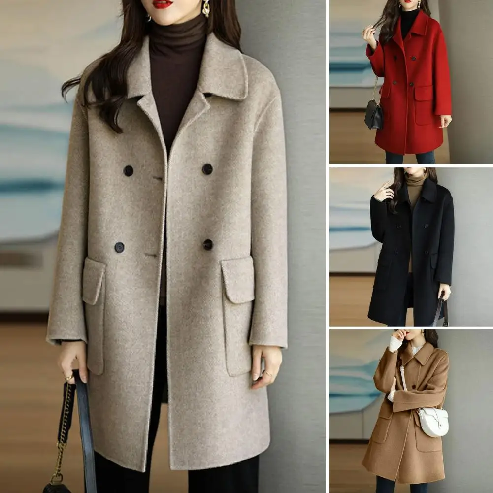 Women Woolen Coat Women Windproof Coat Stylish Women\'s Mid-length Woolen Coat Lapel Double Breasted Flap for Autumn/winter