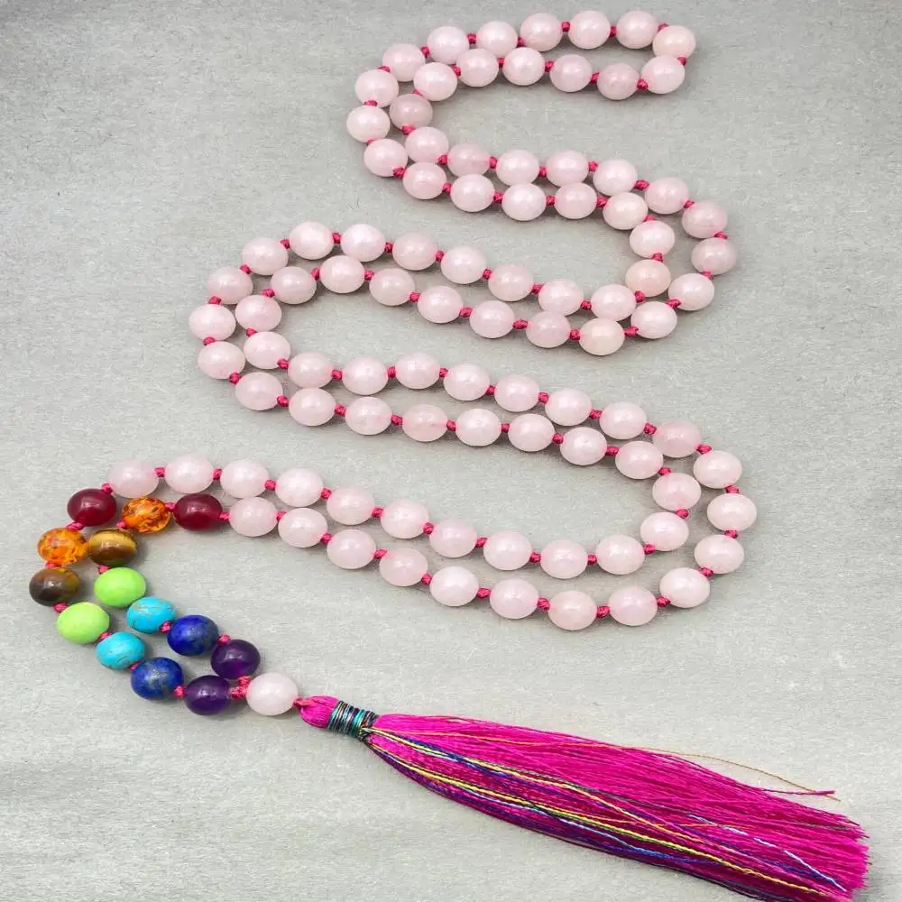 

Natural Rose Quartz 108 Beads Mala Necklace with 7 Chakra Accent Pink Tassel Spiritual Jewelry