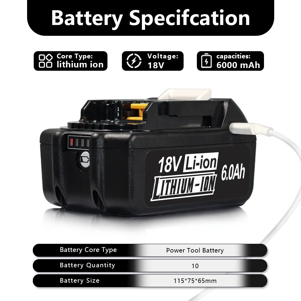 

For Makita 18V Power Tools Type-C 18650 5Ah 3000mAh-6000mAh Battery FOR Makita BL1830 BL1830B BL1840 BL1840B BL1850 BL1850B 1860
