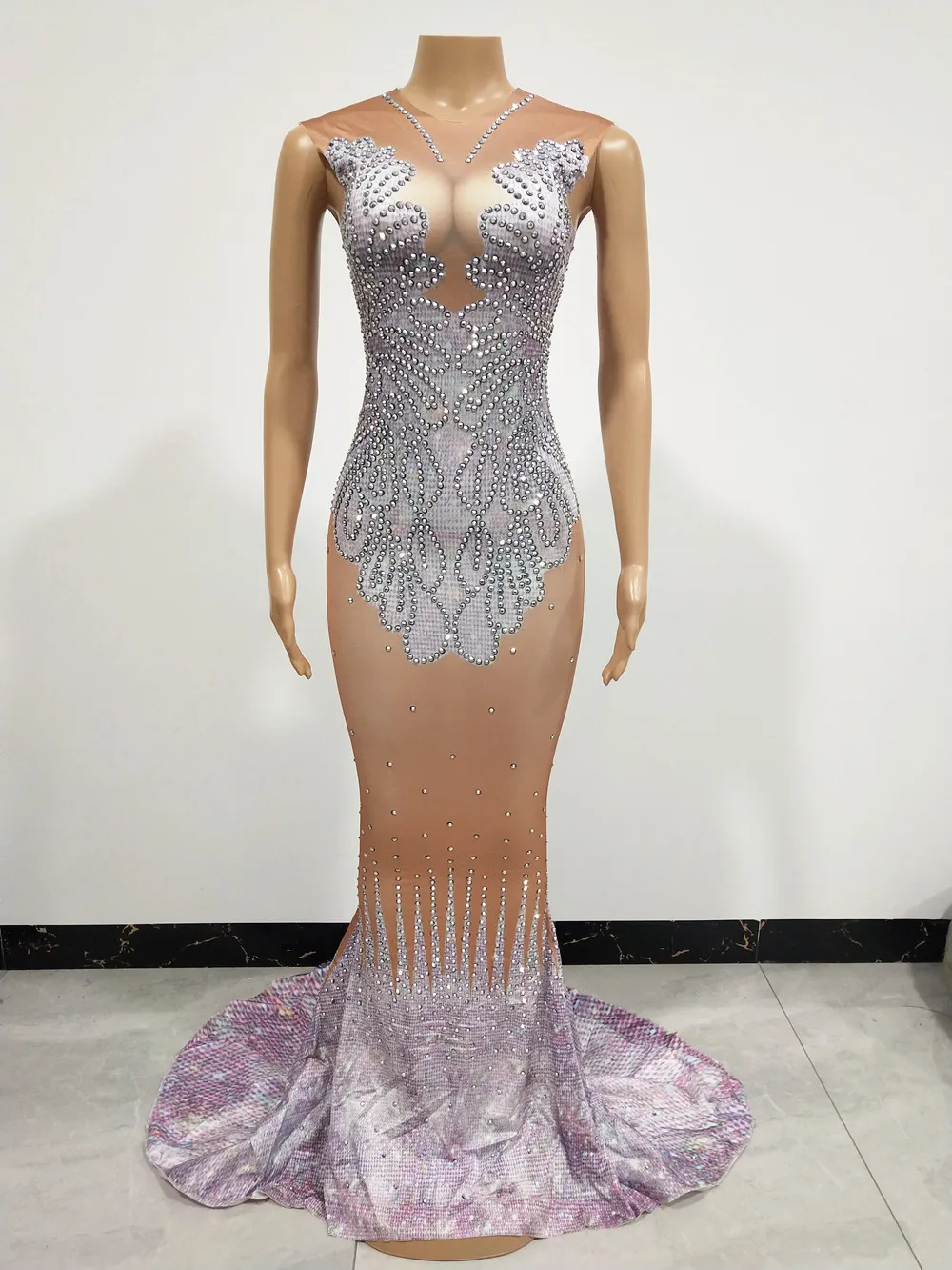 Vestido longo de sereia com strass brilhantes, modelo cantor, festa noturna, passarela, sem mangas, até o chão, traje de palco