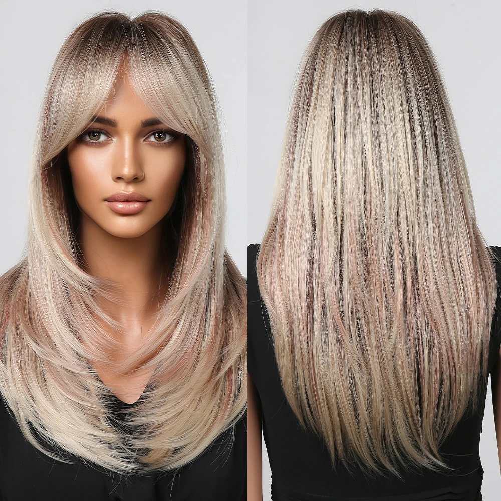 تسليط الضوء على شعر مستعار اصطناعي أشقر للنساء شعر مستعار تأثيري مع الانفجارات الطبقات مستقيم شعر مستعار للحفلات الاستخدام اليومي شعر مستعار مقاوم للحرارة #4