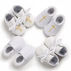 Newborn Baby White Baptism Shoes Soft Anti-slip Toddler Boy Girl Christening Golden Church Cross Soled Infant First Walker Shoes