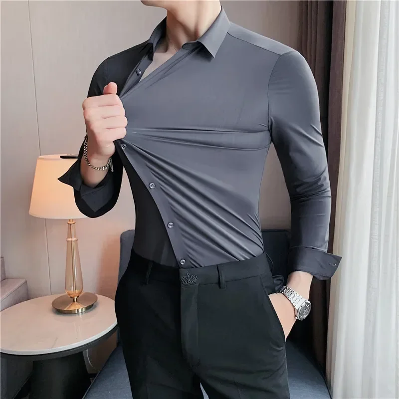 Men High Elasticity Slim Fit Shirt 2024 Summer New Thin Solid Casual Formal Dress Shirt Long Sleeved Men Clothing Oversized 4XL