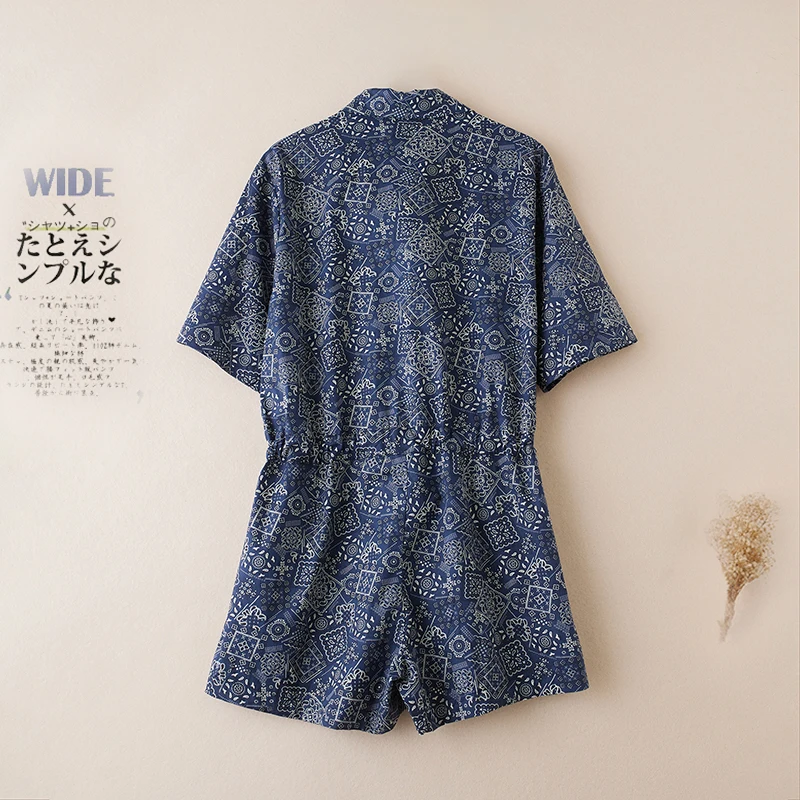 Retro Floral Print Bib Overalls Women's Summer New Style High Waist Shorts  Suit Heavyweight Short Sleeve Onesie