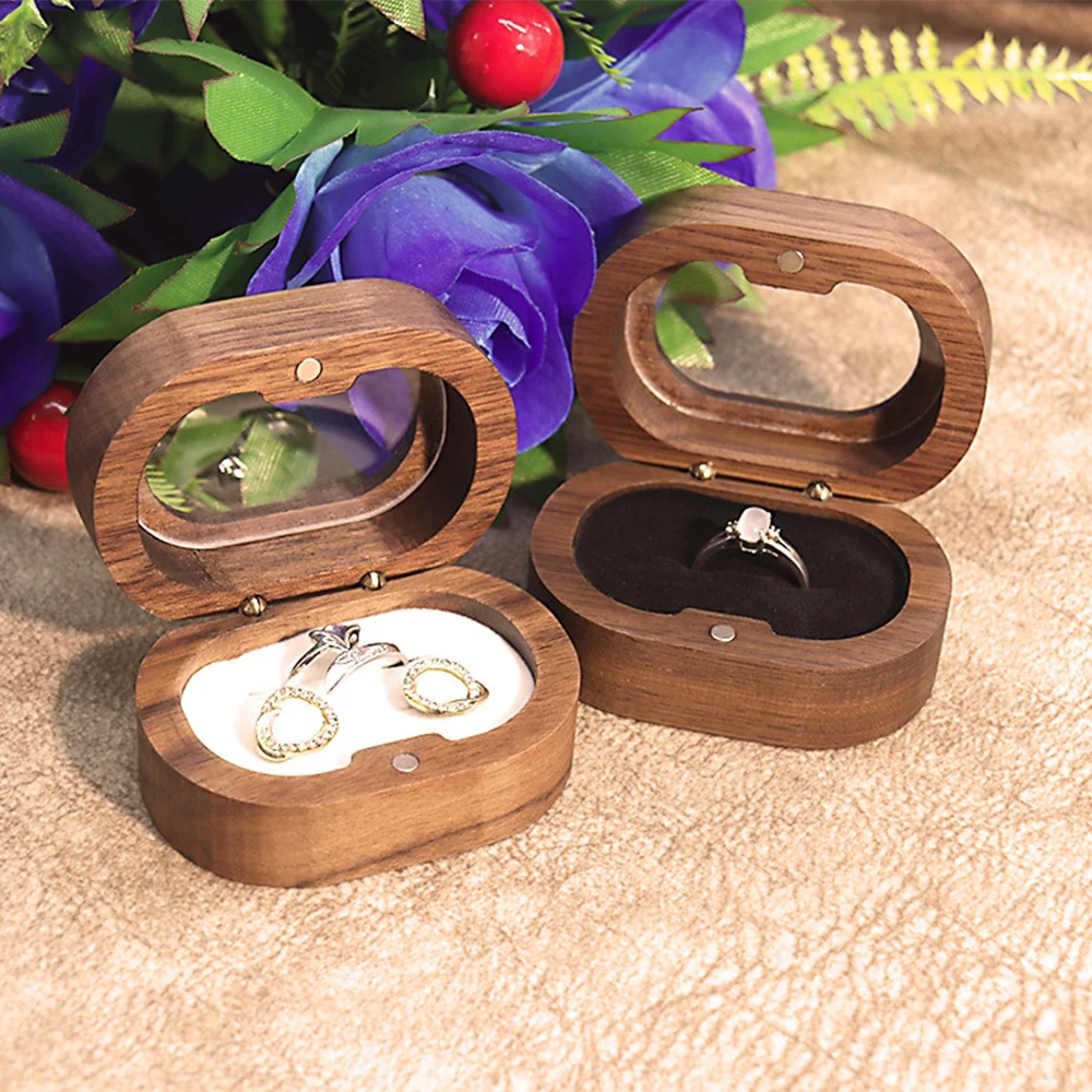 Solid Wood Open The Window Ring Storage Box Wedding Anniversary Gift Jewelry Packaging Box Ellipse Flip Cover Proposal Ring Box