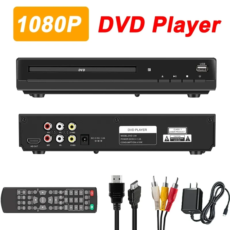 

1080P Home DVD Player Box for TV Home Theater, All Region Free DVD CD-Discs Players AV-Output with Remote Control Player Box