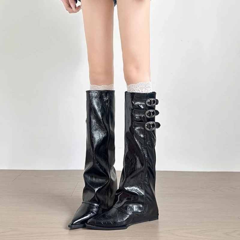 2025 Fashion Autumn Winter Low Heels Long Boot Splicing Buckle Strap Woman Knee-High Boots Square Style Female boot