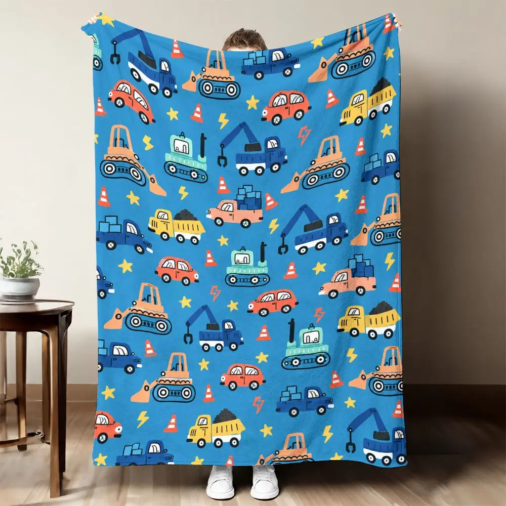 Construction Vehicle Pattern Throw Blanket Nursery Decor Baby Shower Gift Blue Blue Construction Site Theme