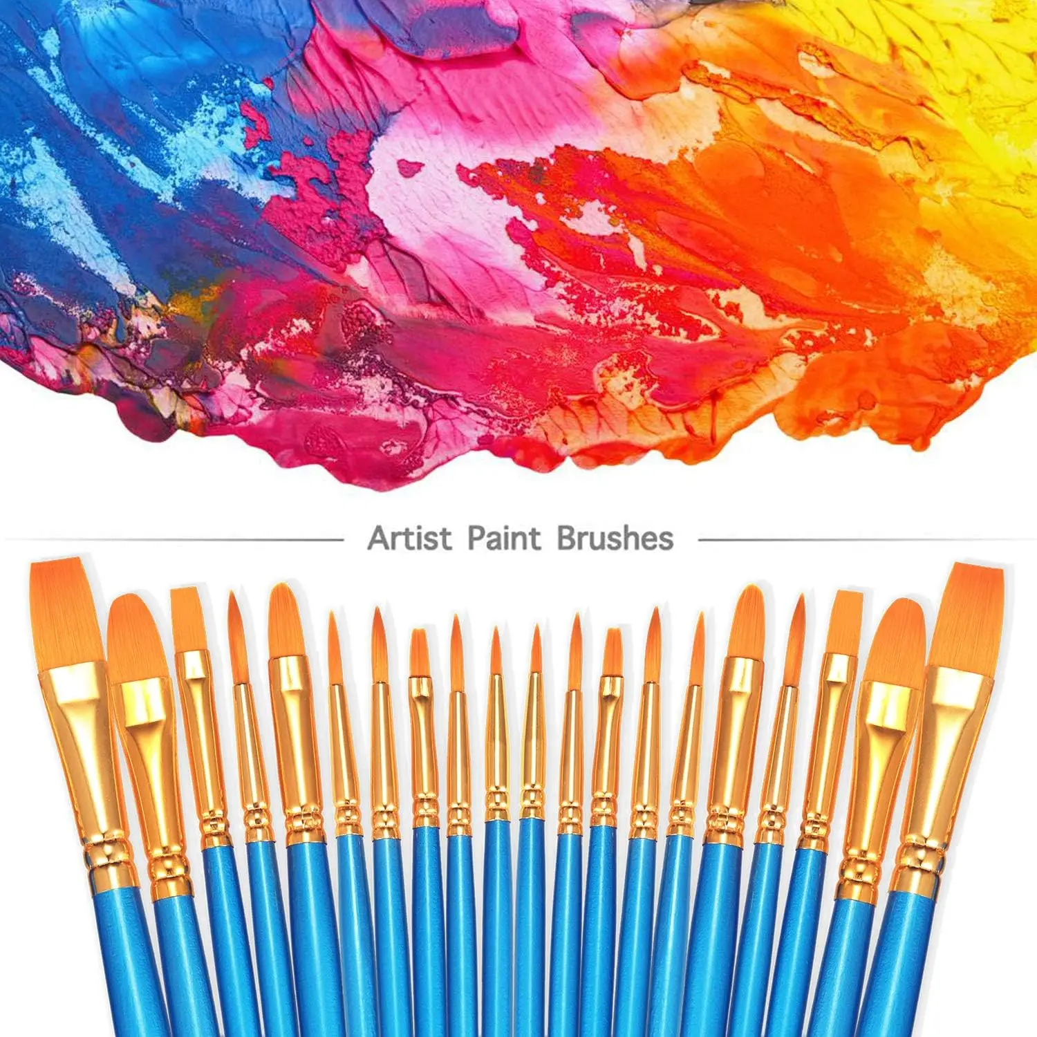 20-Piece Round-Tip Nylon Paint Brushes Set for Acrylic, Oil, Watercolor Art and Miniature Detailing