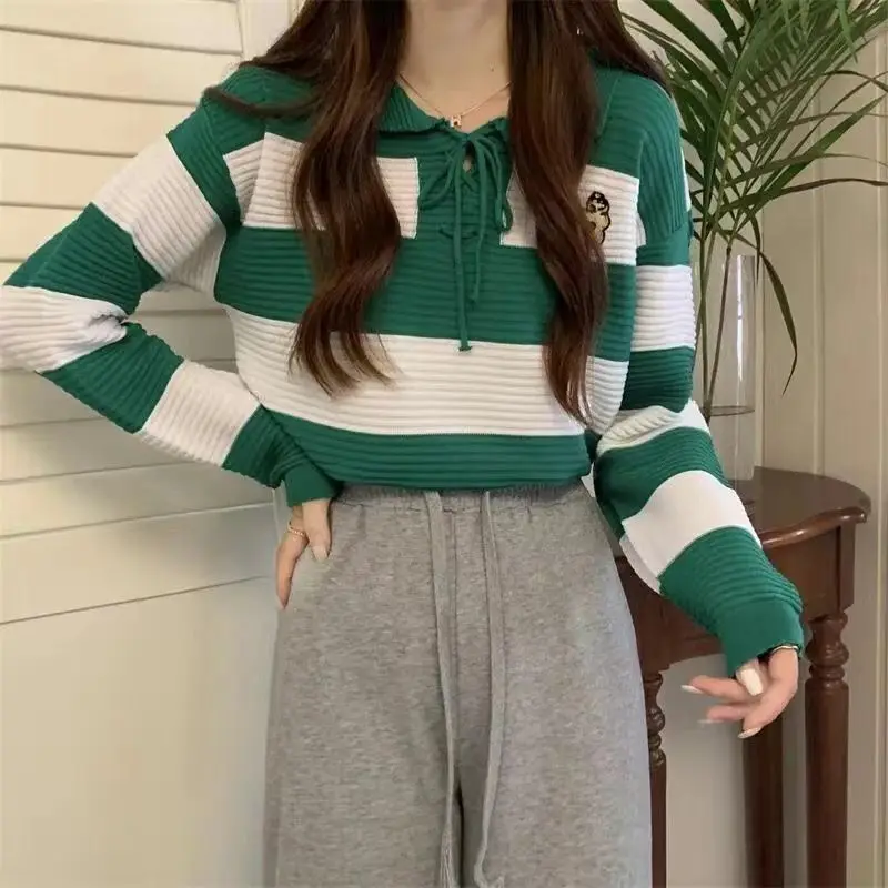 Vintage Striped Lazy Sweaters Spring Autumn New Long Sleeve Polo Neck Loose Contrast Pullovers Top Sweet Fashion Women Clothing