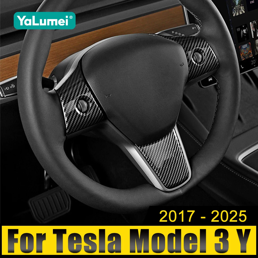 

For Tesla Model 3 Y 2017 2018 2019 2020 2021 2022 2023 2024 2025 ABS Car Steering Wheel Sequins Frame Sticker Cover Case Trims