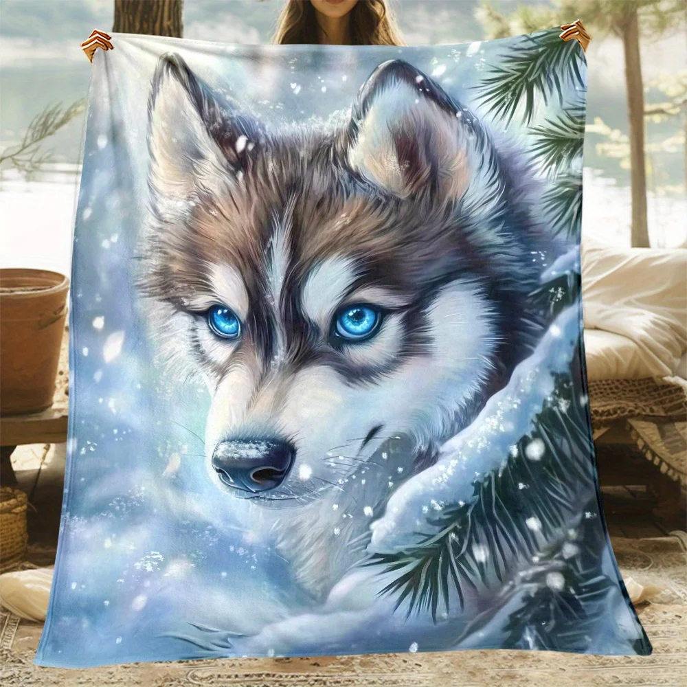 Mystic Husky Wolf Throw Blanket Blue‑Eye Snowy Pine Winter Art Soft Flannel for Bedroom Sofa Reading Nook Home Decor Gift