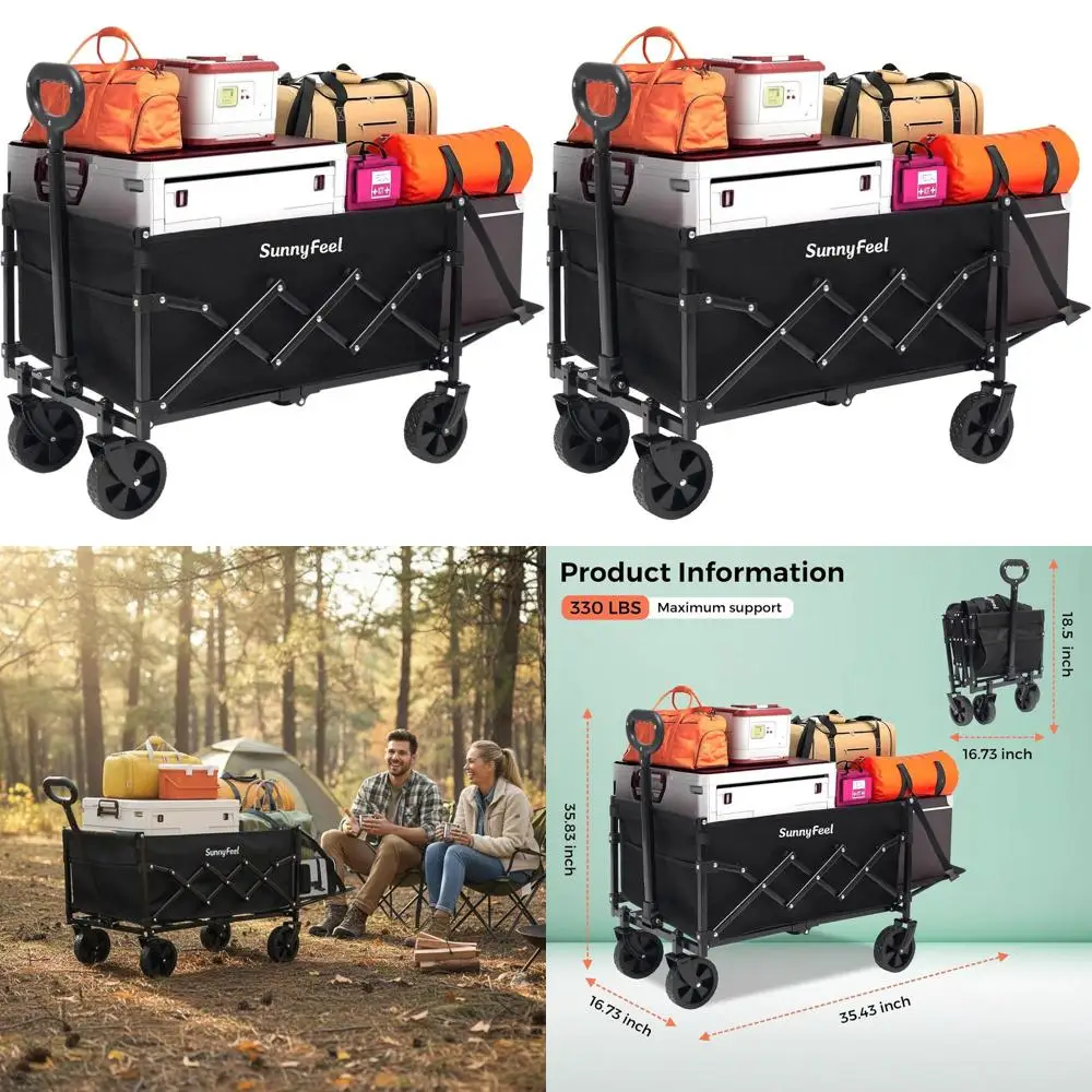 

Heavy-Duty Foldable Wagon Cart with Extended Tailgate for Outdoor, Camping, Beach, and Grocery - Black