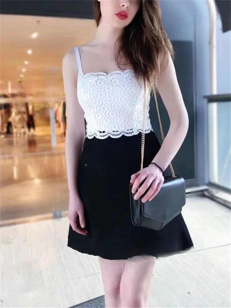 

Women Color Patchwork Sling Dress Lace Spliced Sleeveless Slash Neck Sweet Mini Robe