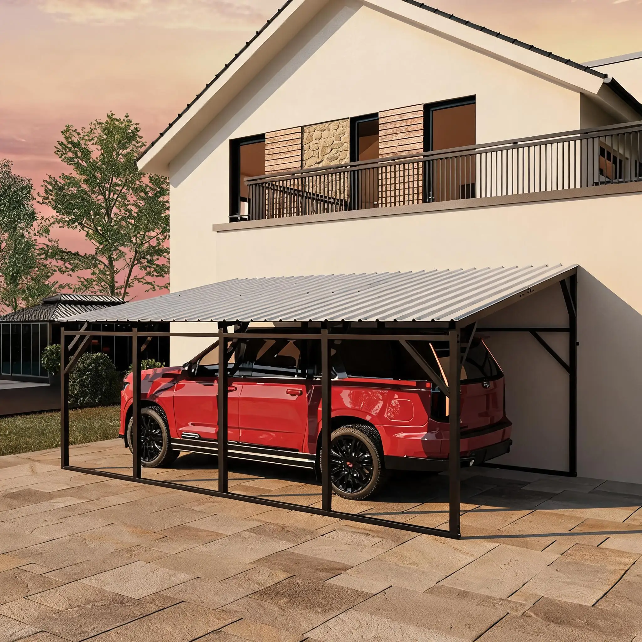 Metal Carport 12x20 ft Heavy Duty Lean To Wall Mounted Steel Carport Shelter Vertical Roof 11.5 Degree Sloped Snow Shedding 19 Gauge Steel Frame Outdoor Storage Parking Shade for SUV Pickup Vehicle