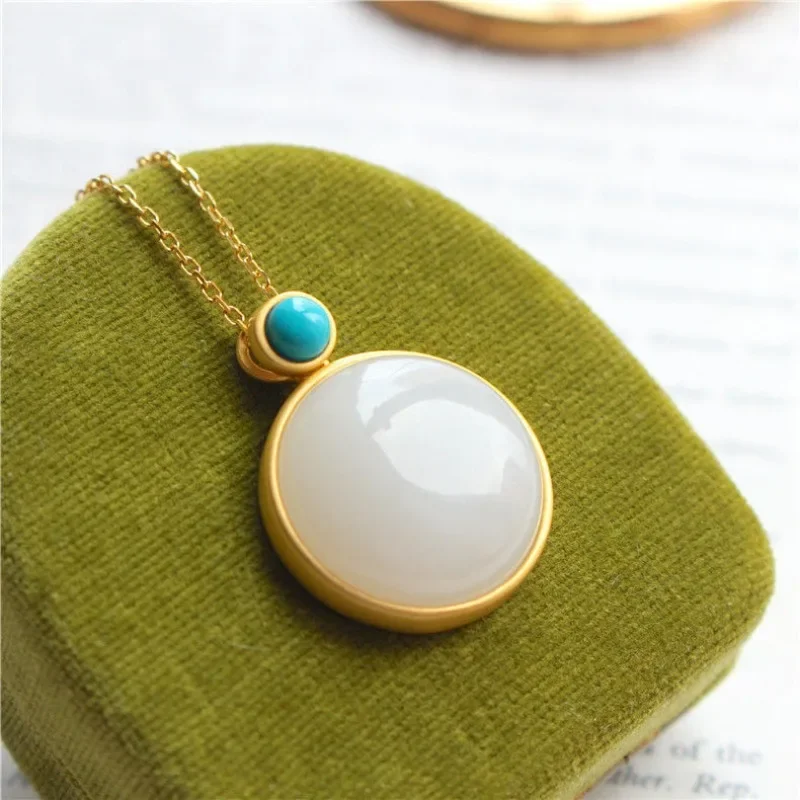 New Silver Inlaid Natural Hetian  Jade Turquoise Pendant Necklace Round Brand Light Luxury Cold Wind Women's  Jewelry