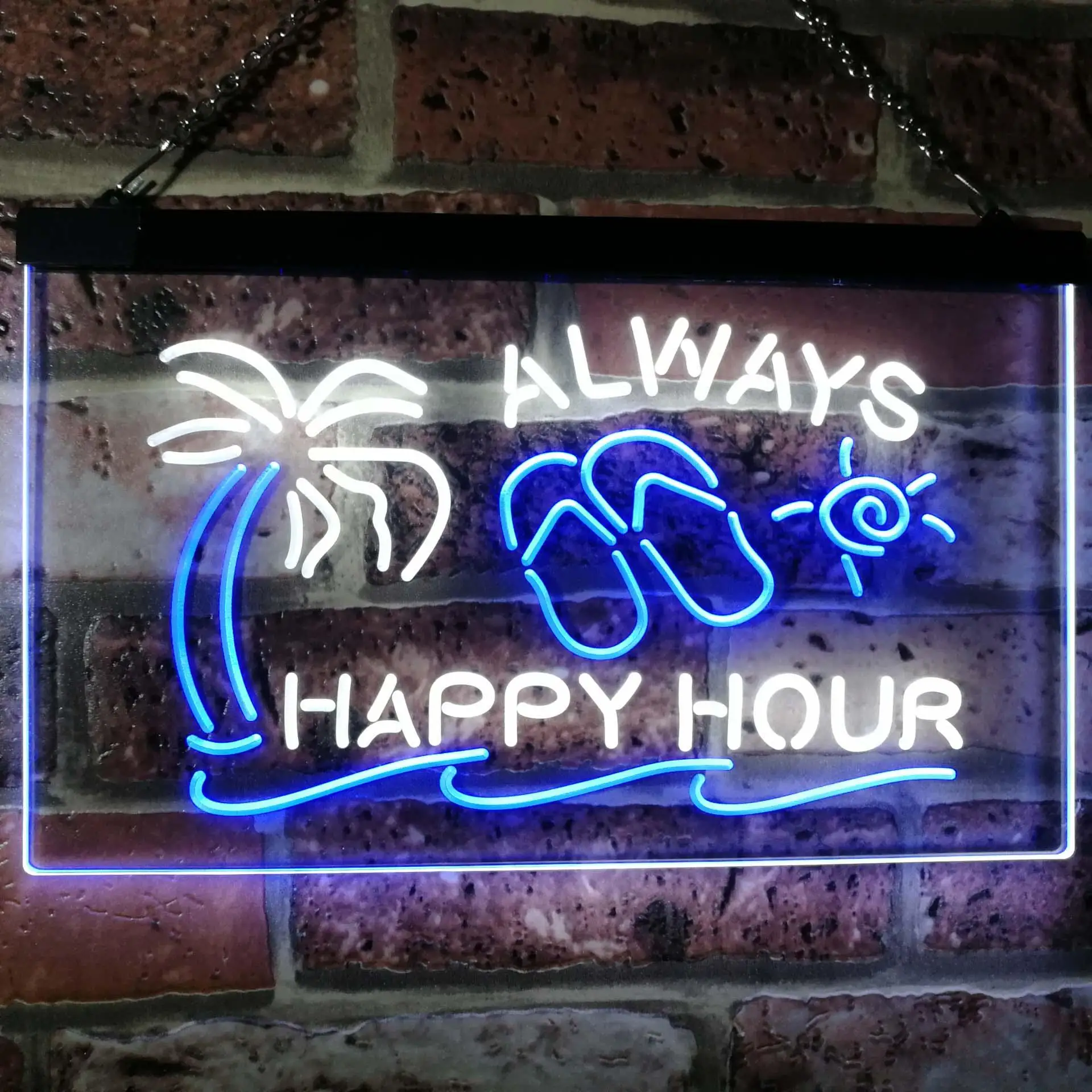 Happy Hour ALWAYS. Beach Sun Palm Tree Dual Color Led Neon Sign st6-i2530