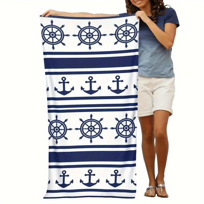 Navy Anchor Ship Wheel Striped Beach Towel Nautical Marine Quick Dry Bath Towel