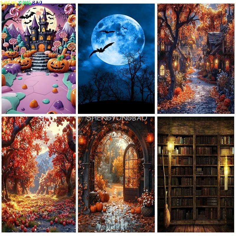 

Autumn Thanksgiving Day Photography Backdrops Fall Scary Pumpkin Barn Moon Halloween Day Party Castle Photo Background NG-01