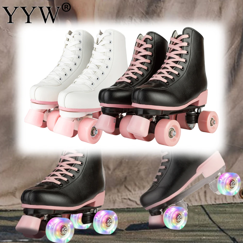 Adult Double-Row Roller Skates For Women Men Flashing 4 Wheels Skate Shoes Beginner Boys Girls Outdoor Skating Quad Sneakers Gifts Size 35 36 37 38 39 40