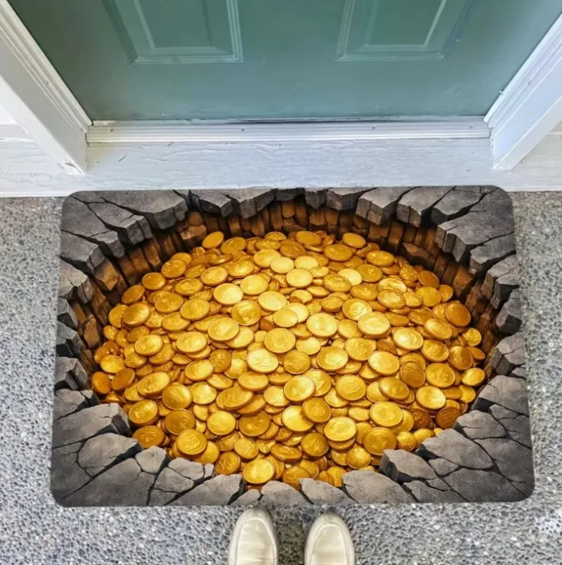 Funny 3D Visual Gold Coin Pit Doormat Crack Stone Floor Treasure Printed Welcome Rug Porch Indoor Outdoor Home Entry Decor