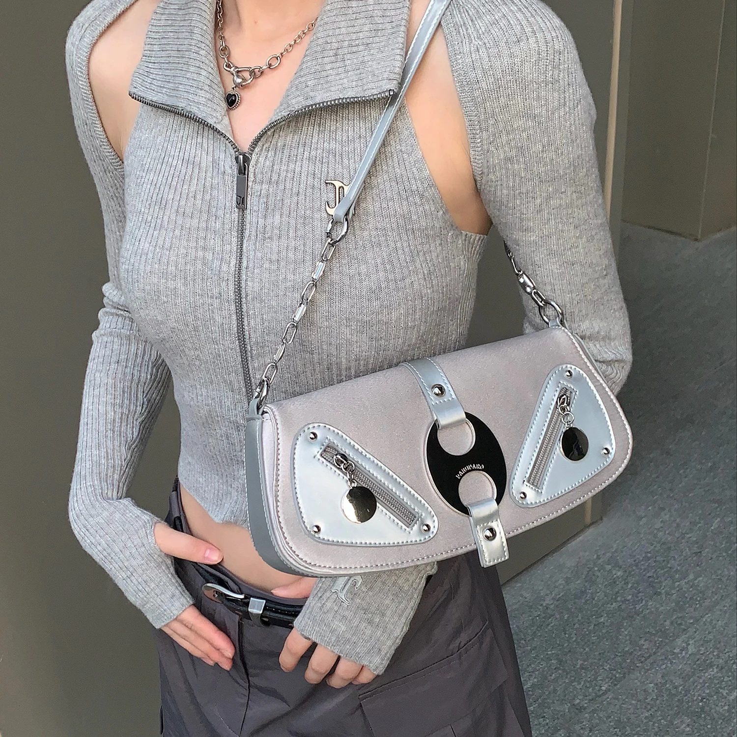 Borsa a tracolla riflettente con anello in metallo a doppio foro Spice Girl di nicchia dal design originale