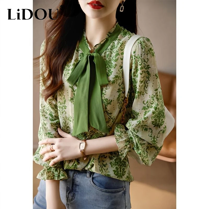 

Spring Autumn New Floral Printing Shirt Women Fashion Stand Collar Lacing Bow Blouse Ladies Single Breasted Long Sleeve Cardigan