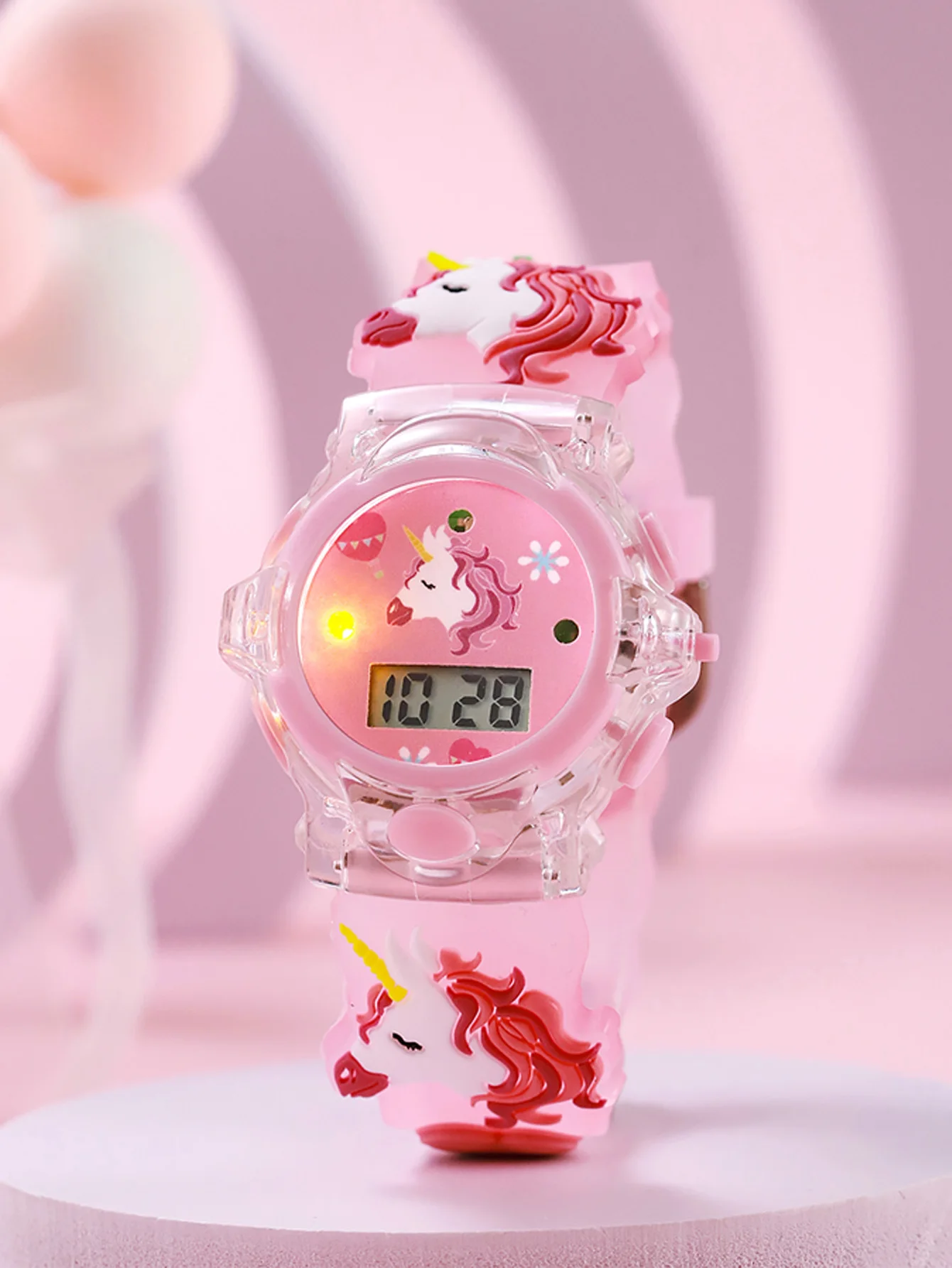 

Fashionable cartoon unicorn heart balloon pattern light-emitting watch for children, suitable for daily wear and gift-giving on