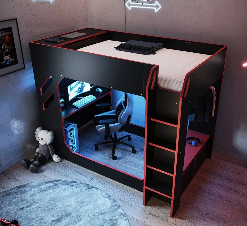 Modern kids podbed gaming loft bed with desk single gamer loft bed for boy and girl bedroom