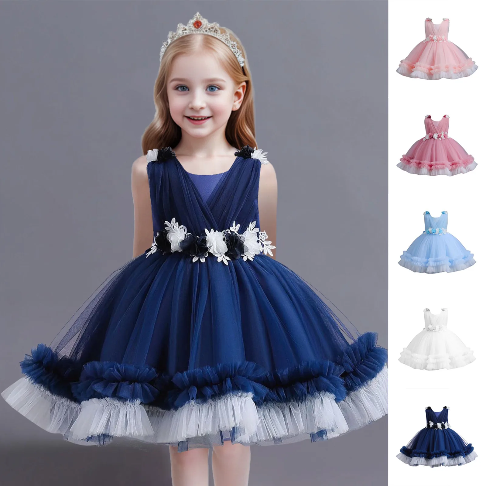 Baby Girls Birthday Dress Layered Tulle Princess Dress Kids Girl Ball Gowns Elegant Toddler Clothes Pageant Ceremony Party 0-5T