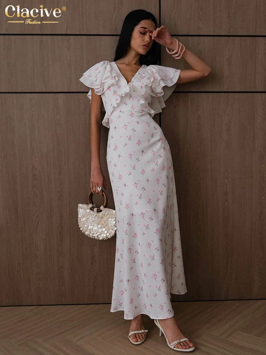 Clacive Sexy Loose Print Women's Dress 2026 Summer V-Neck Short Sleeve Ankle Length Dresses Elegant Classic Ruffles Female Dress
