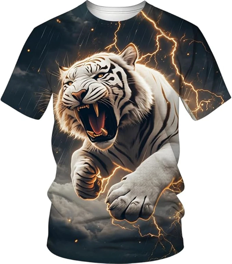 Fashion Men T-Shirt Cool Animal Tiger Graphic Short Sleeve T ShirtsTrend Casual Street Style Printed Round Neck Y2k Unisex Tops
