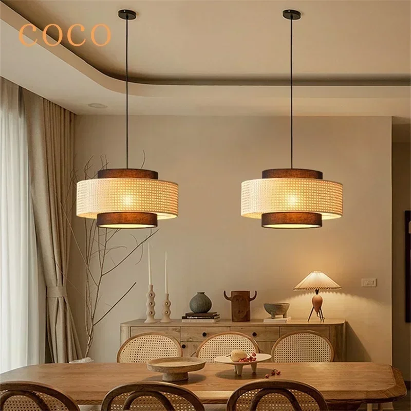 Modern Minimalist rattan woven fabric LED pendant light restaurant homestay  tea room study room hanging lamp lighting fixtures