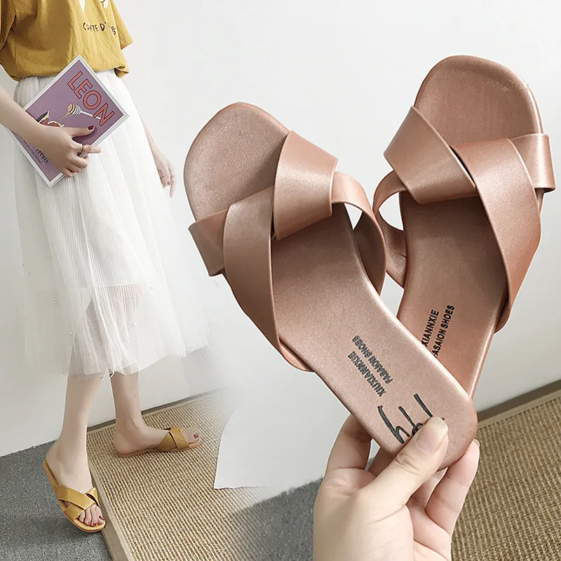Summer Simple Sandal And Slipper Cross Flat Slipper Candy-Colored Slipper Women Summer Fashion Outer Wear Slipper Beach High-end