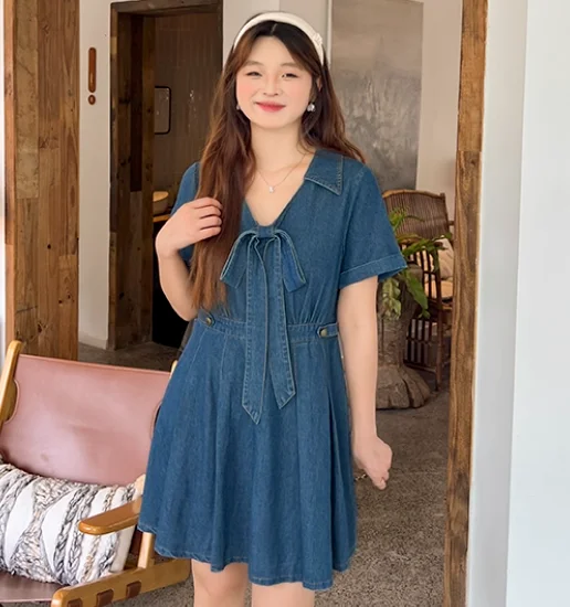 حجم كبير المرأة الصيف الحلو عالية الخصر ألف خط الرجعية الدنيم فستان مزاجه الخامس الرقبة القوس كلية نمط الأزرق مطوي فساتين #3