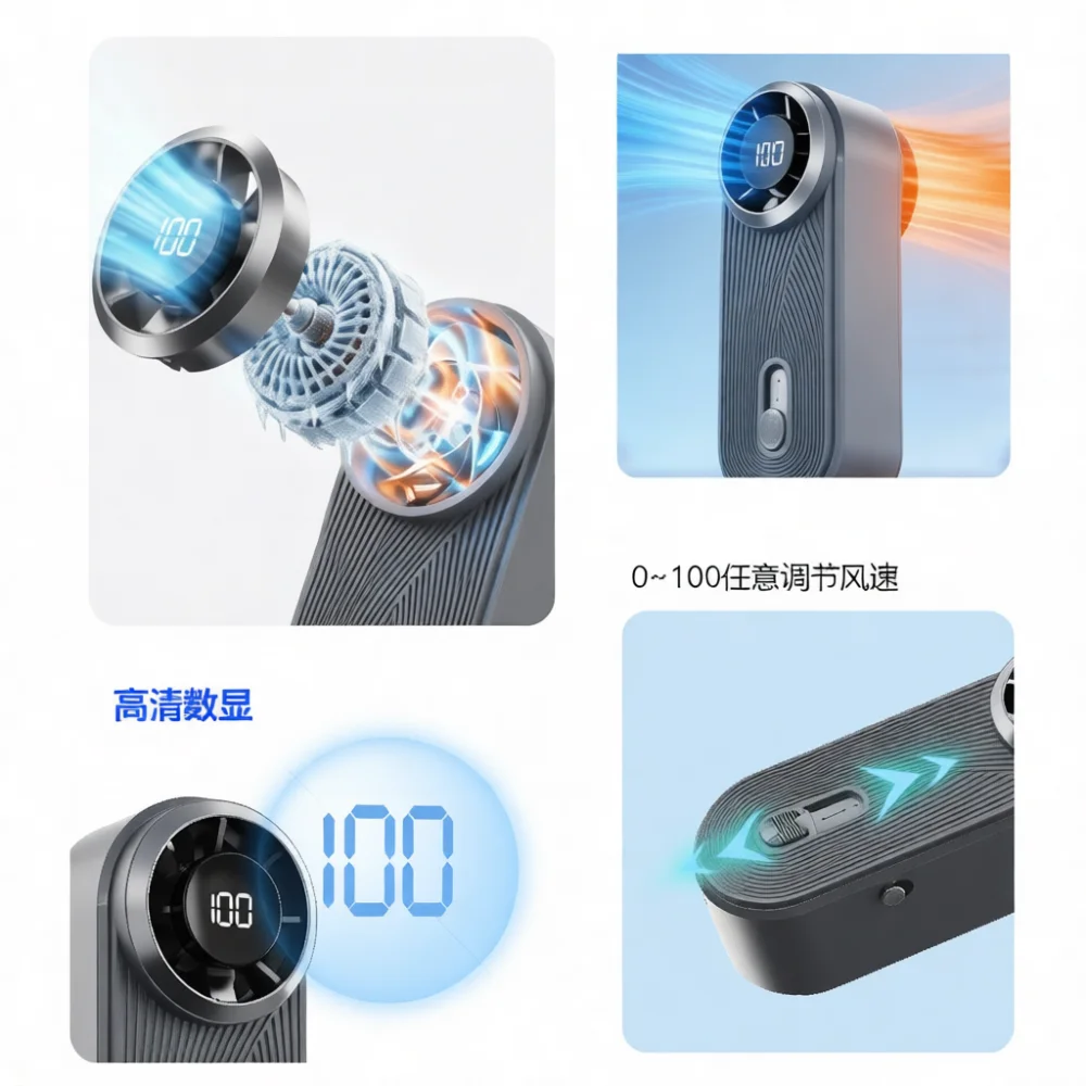 Portable Cooling Fan USB Charging Handheld Air Blower Digital Display Quiet Personal Fan For Indoor Outdoor Travel Usage