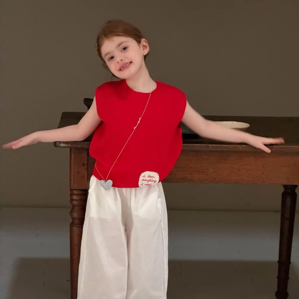 

2026 Summer Korean Style 1-12Y Girls Vest, Red Patchwork Sleeveless Knit Pullover Top for 90-150cm