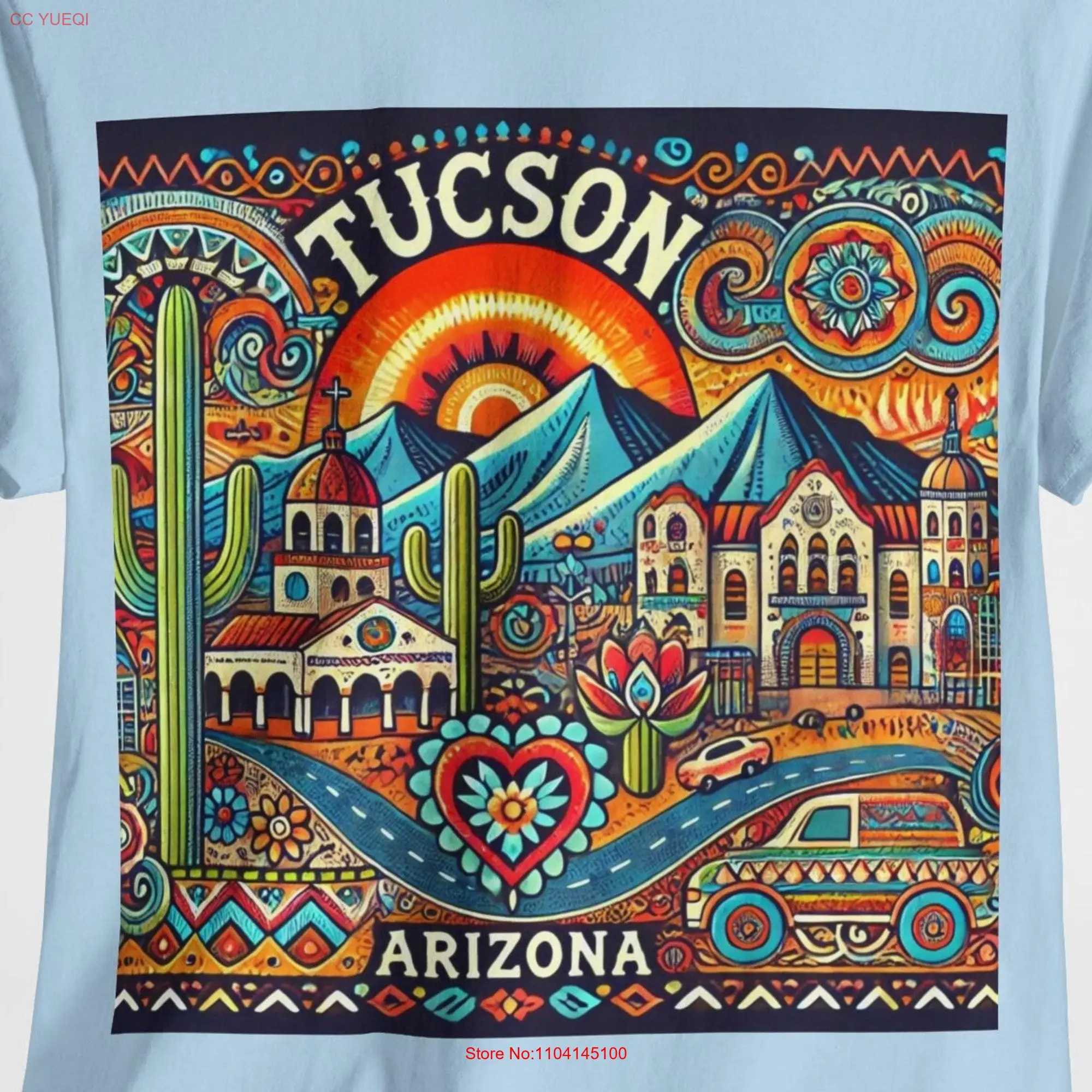 Tucson Arizona T Shirt Whimsical Folk Art Featuring Desert Landscape Catalina Mountains Sunset Tuscon