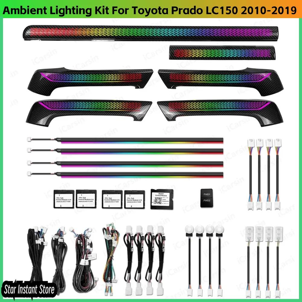 

64-цветное динамическое окружающее освещение для Toyota Prado LC150 2010-2019, аксессуары для обновления внутреннего светодиодного освещения из углеродного дерева