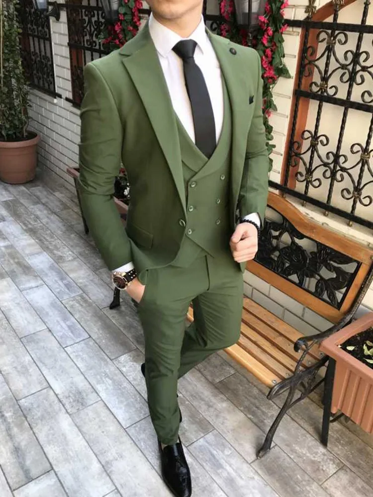 

Custom Made Men Suits Olive Green Groom Tuxedos Notch Lapel Groomsmen Wedding Best Man 3 Pieces ( Jacket+Pants+Vest+Tie )