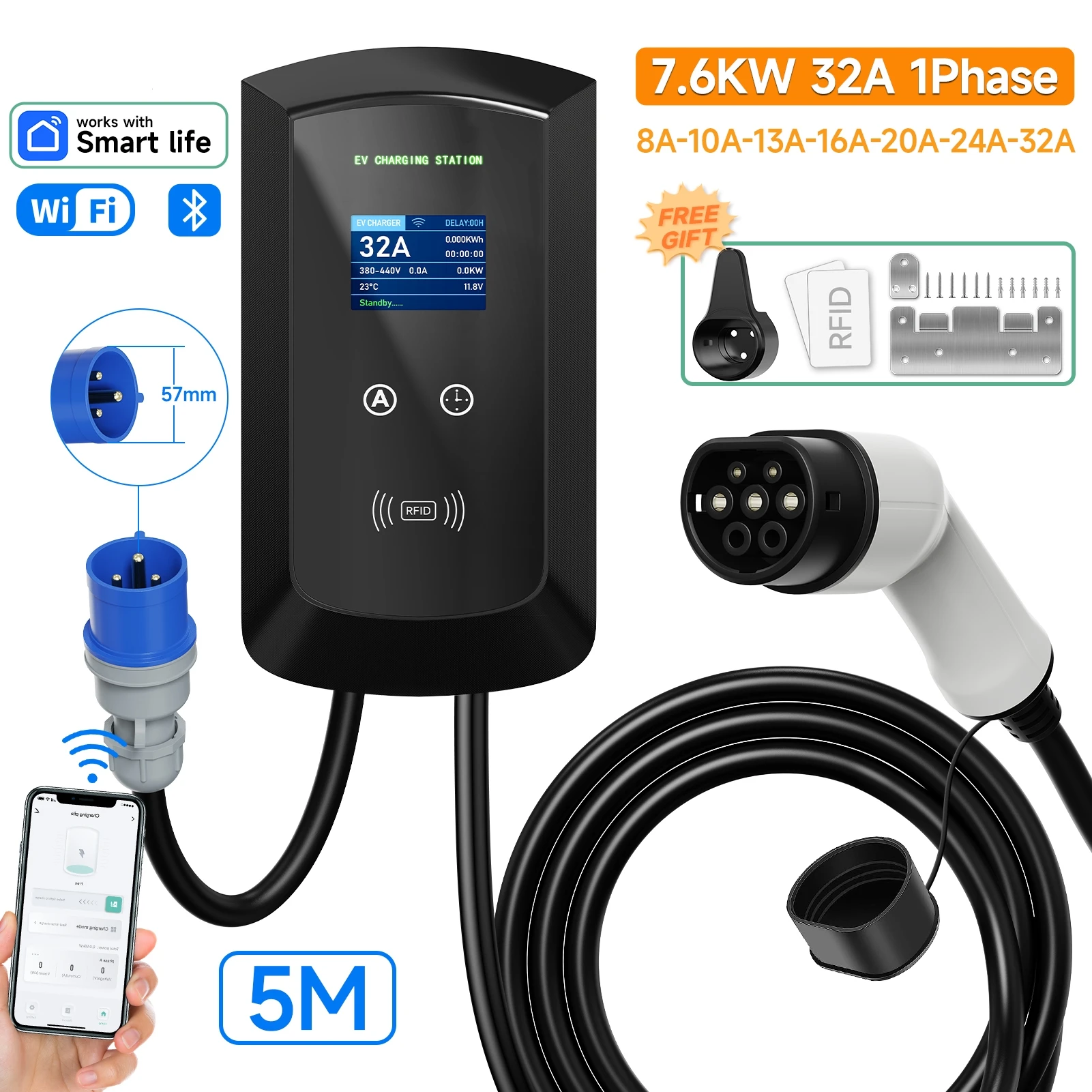 JNTAFEV 32A EV-laadstation 22KW 7.6KW snellader 16A 11KW Type 2 EV-lader 3/1-fase EVSE wandbox APP-besturing