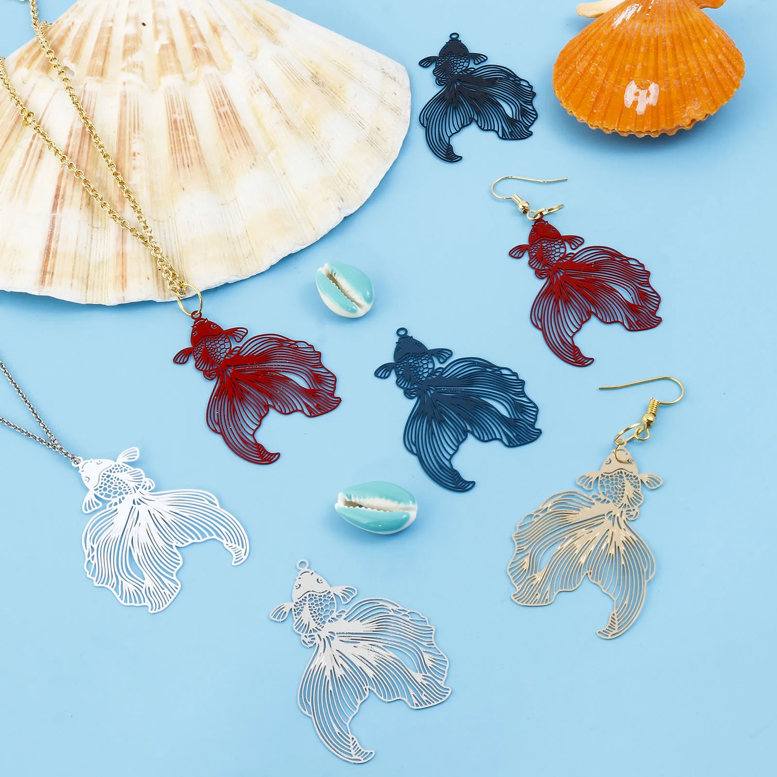 Iron Alloy Filigree Stamping Pendants Multicolor Goldfish Filigree Painted Metal  Charms DIY Earrings Jewelry 4.8cmx3.1cm,10PCs